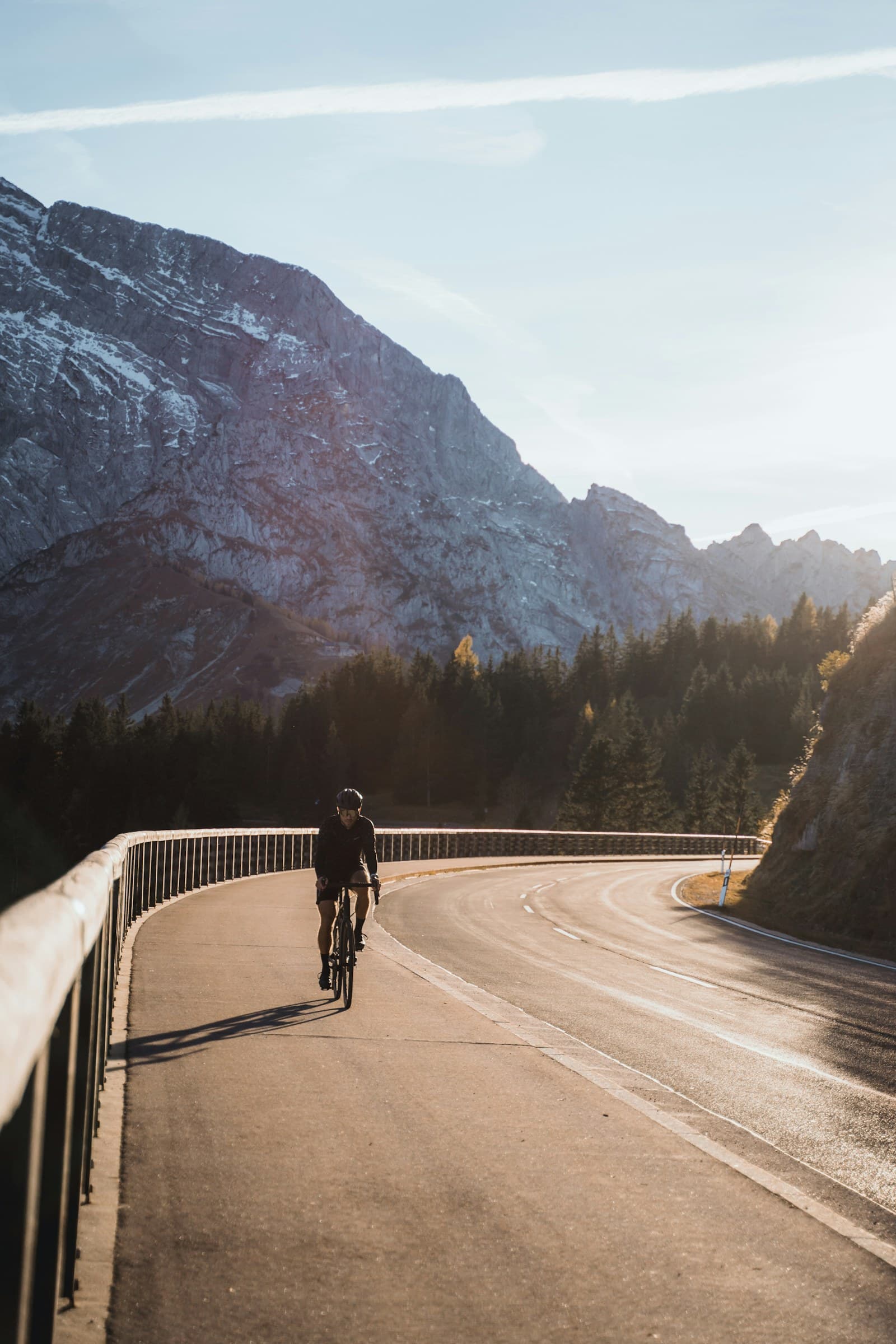 Cyclist training on a mountain road